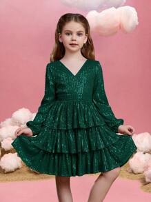 Tween-Mädchen Abendkleid aus Tüll mit Pailletten, V-Ausschnitt, Laternenärmeln und gestufter A-Linie für Galas auf dem roten Teppich, Black-Tie-Hochzeiten, Preisverleihungen und Wohltätigkeitsbälle