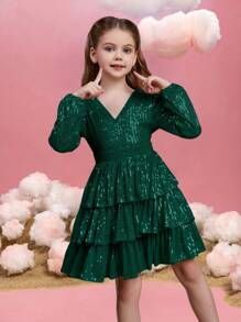 Tween-Mädchen Abendkleid aus Tüll mit Pailletten, V-Ausschnitt, Laternenärmeln und gestufter A-Linie für Galas auf dem roten Teppich, Black-Tie-Hochzeiten, Preisverleihungen und Wohltätigkeitsbälle