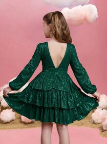 Tween-Mädchen Abendkleid aus Tüll mit Pailletten, V-Ausschnitt, Laternenärmeln und gestufter A-Linie für Galas auf dem roten Teppich, Black-Tie-Hochzeiten, Preisverleihungen und Wohltätigkeitsbälle