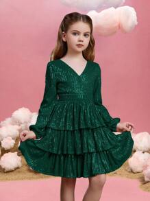 Tween-Mädchen Abendkleid aus Tüll mit Pailletten, V-Ausschnitt, Laternenärmeln und gestufter A-Linie für Galas auf dem roten Teppich, Black-Tie-Hochzeiten, Preisverleihungen und Wohltätigkeitsbälle