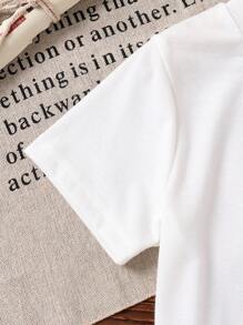 年轻女孩雏菊印花圆领短袖 T 恤和裤子休闲套装 - 白色 - 查看 4