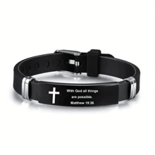 1pc Men's Adjustable Christian Bible Verse Bracelet, Stainless Steel & Silicone Strap With Cross And Scripture, Inspiring Religious Jewelry Gift For Husband, Father, Boyfriend, Son - Black - View 3