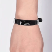 1pc Men's Adjustable Christian Bible Verse Bracelet, Stainless Steel & Silicone Strap With Cross And Scripture, Inspiring Religious Jewelry Gift For Husband, Father, Boyfriend, Son - Black - View 4
