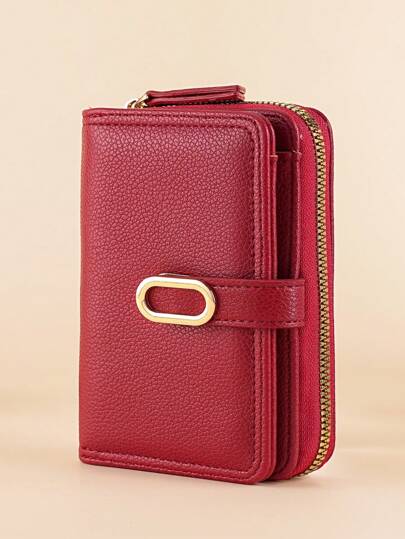 Fashionable Metal Buckle Foldable Compact Simple Elegant Litchi Grain Zipper Coin Burgundy Wallet Gifts Valentines For Women Wallet Purse Wallet