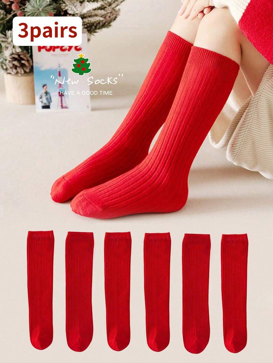 3 pares de calcetines medianos para niños, con diseños festivos rojos para celebrar el Año Nuevo, uso versátil para la temporada - Rojo - Ver 1