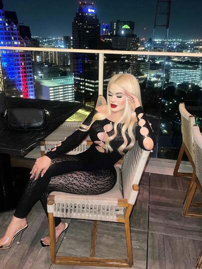 Sexy Pearl Leopard Print Jumpsuit With Long Sleeves