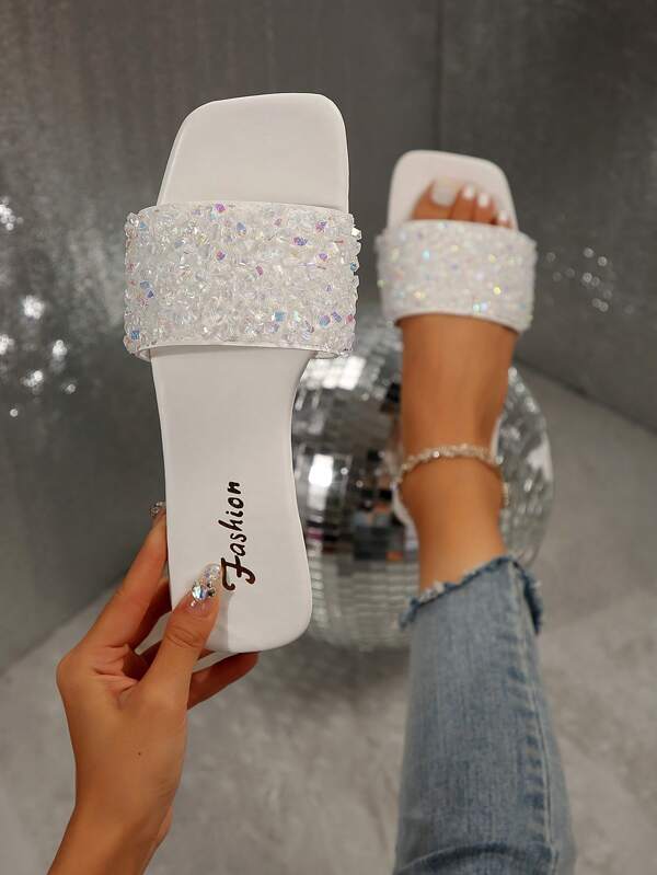 Plus Size Women's Slip-On Rhinestone Decor Sandals, Casual Versatile Outdoor Flat Plastic Slippers