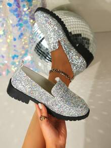 Women Flat Loafer Shoes, Glitter Fabric Design Versatile Fashion Slip-On, Casual Everyday/Work Shoes - Silver - View 1