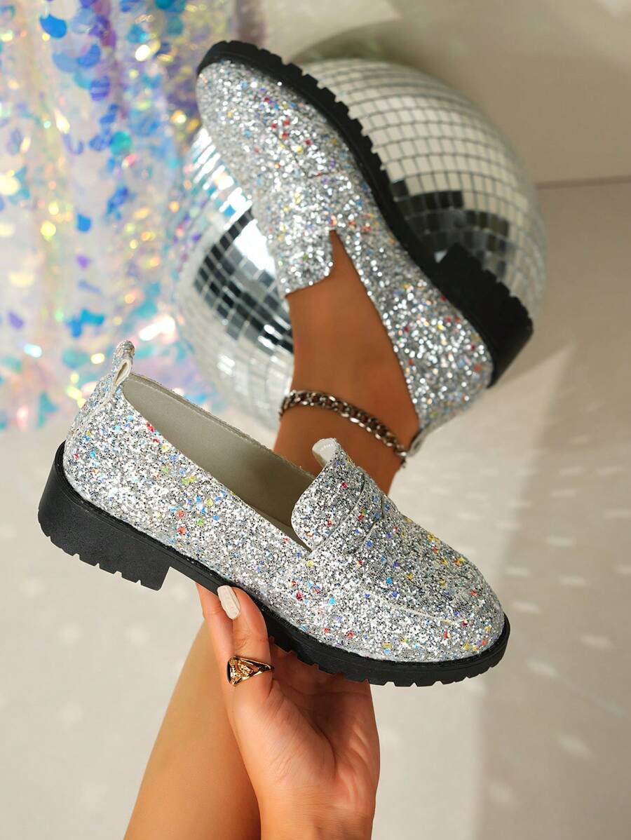 Women Flat Loafer Shoes, Glitter Fabric Design Versatile Fashion Slip-On, Casual Everyday/Work Shoes - Silver - View 1