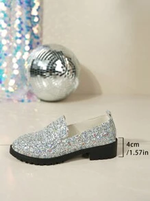 Women Flat Loafer Shoes, Glitter Fabric Design Versatile Fashion Slip-On, Casual Everyday/Work Shoes - Silver - View 2