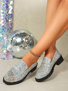 Women Flat Loafer Shoes, Glitter Fabric Design Versatile Fashion Slip-On, Casual Everyday/Work Shoes - Silver - View 3