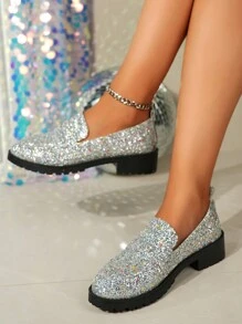 Women Flat Loafer Shoes, Glitter Fabric Design Versatile Fashion Slip-On, Casual Everyday/Work Shoes - Silver - View 4