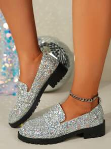 Women Flat Loafer Shoes, Glitter Fabric Design Versatile Fashion Slip-On, Casual Everyday/Work Shoes - Silver - View 5