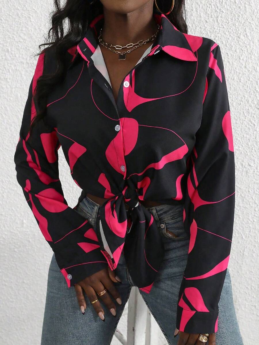 Áo cánh dài tay cài nút họa tiết kỹ thuật số cho nữ thời trang - Màu Hồng Tươi - Xem 1