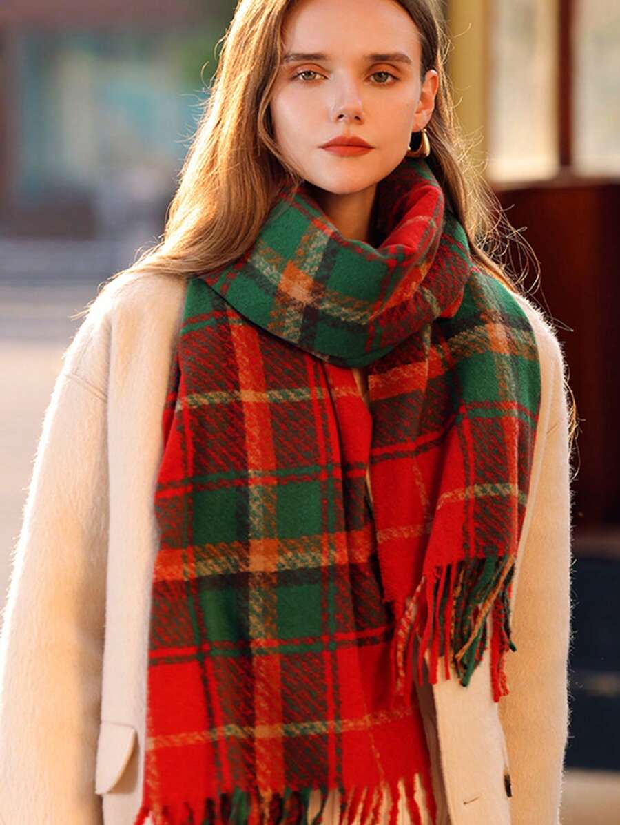 1 件新款秋冬格子印花仿羊毛围巾，防风保暖，优质女士颈部保暖，圣诞风格，女士时尚流苏围巾，可作为情侣、朋友或家人的礼物 - 多色的. - 查看 1