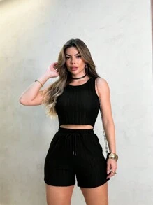 Women's Cropped And Short Set Women's Summer Fashion 3RD SD1380 - màu đen - Xem 1