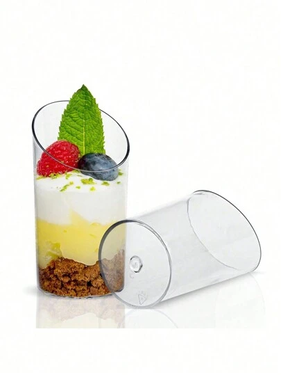 10 szt./zestaw ukośnych przezroczystych plastikowych kubków, odpowiednich do deserów, musów, galaretek, na imprezy, wielokrotnego użytku do dekoracji deserów, na przyjęcia urodzinowe, wesela i inne imprezy