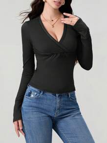 Women Y2k Fairy Grunge Shirt Top Long Sleeve Wrap V-Neck Tunic T-Shirts Pullover Tops Vintage Going Out Tees Tops Aesthetic Clothes E-Girl 2000s Streetwear - 黑色 - 查看 2