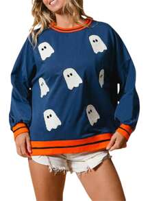 Womens Halloween Sweatshirts Fashion Ghost Embroidery Long Sleeve Oversized Pullover Tops
