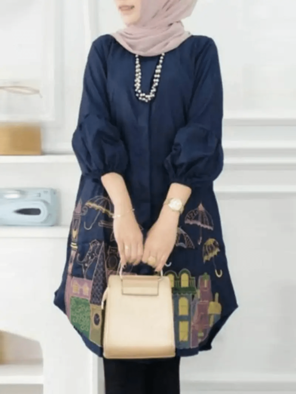 Women's Umbrella Pattern Lantern Sleeve Loose Fit Arabic-Style Blouse,Modest