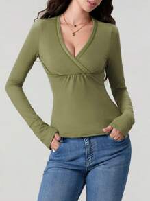Women's Spring Slim Fit Tops Solid Color Long Sleeve Wrap V-Neck T-Shirt Streetwear - màu xanh lá - Xem 3