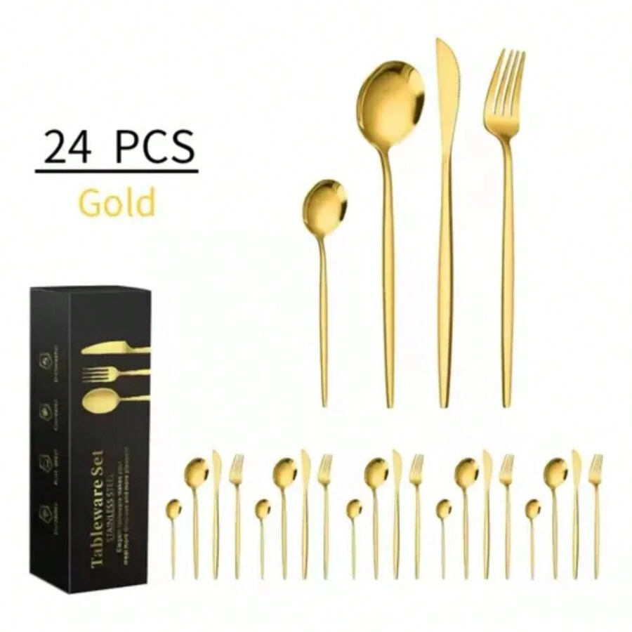 24-Piece Stainless Steel Flatware Set, Simple Dinnerware - Gold - View 1
