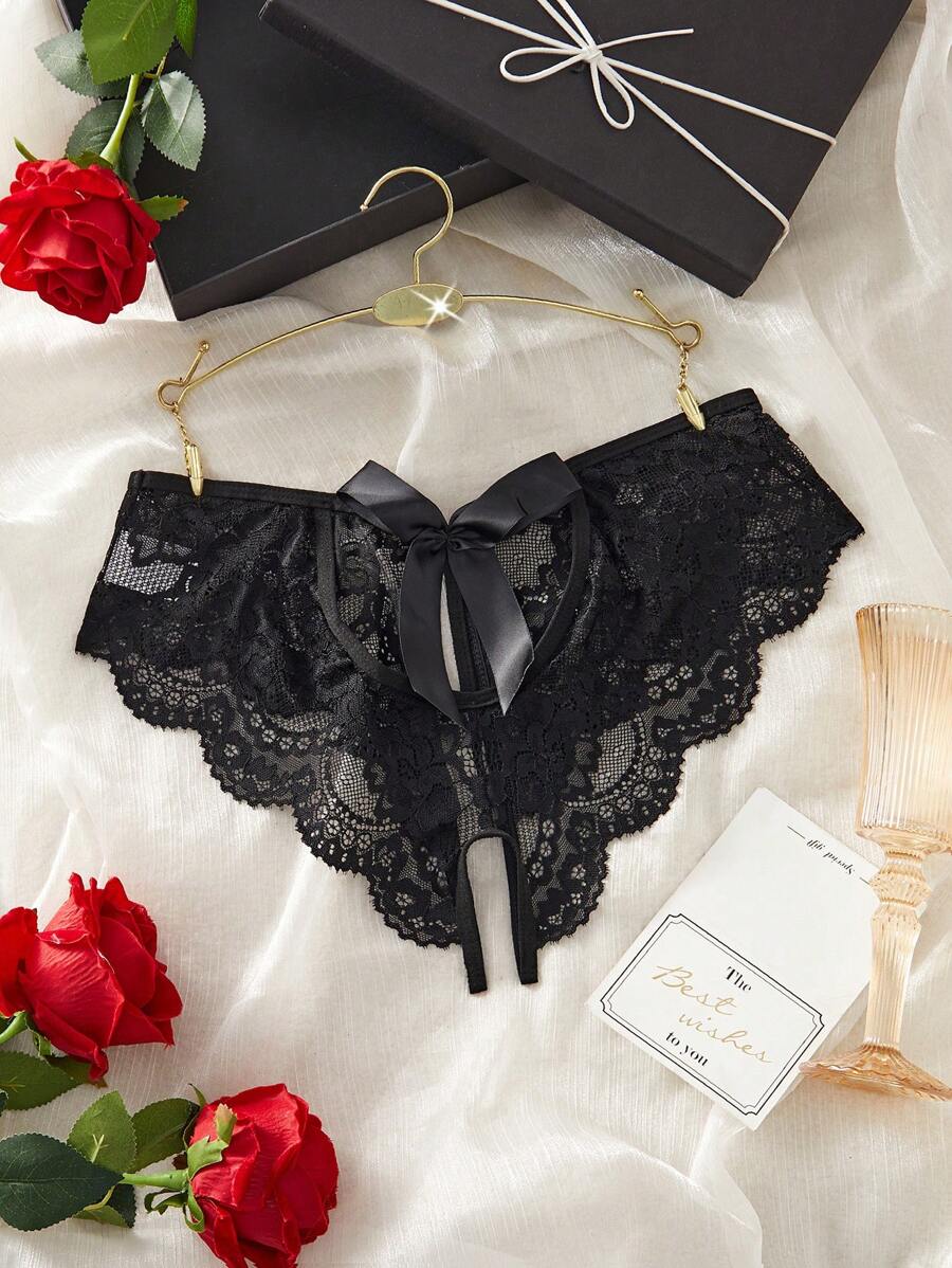 1 件女士性感黑色蕾丝蝴蝶结开裆内裤，私密内衣，适合情人节、圣诞节、卧室、夜总会、外出 - 黑色 - 查看 1