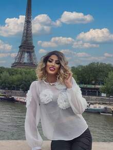 Blusa elegante con decorazioni floreali e dettagli di perle - Bianco - Visualizzare 3