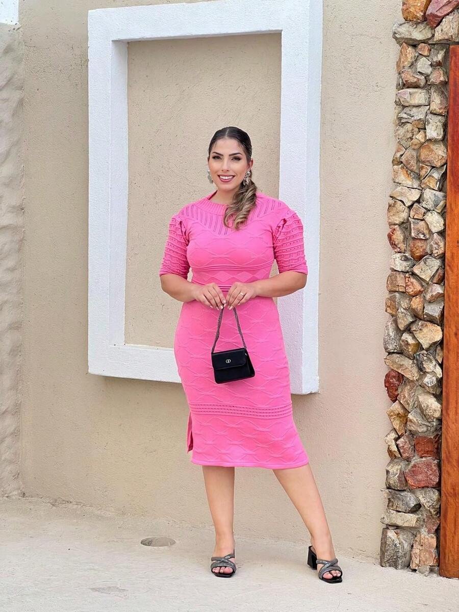 Women's Plus Size Midi Knitting Dress Short Sleeve Puffed Princess With Party Slit - 泡泡糖粉(穿42到46) - 查看 1