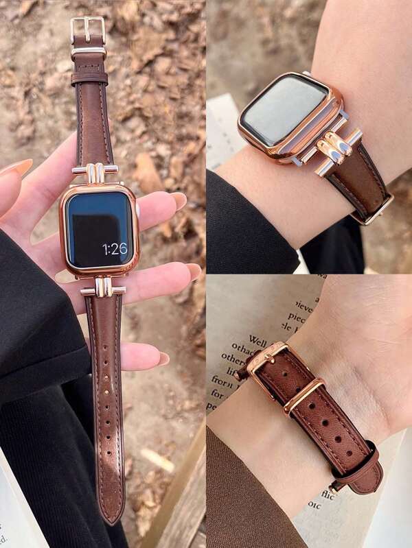 1pc Watch Bands, Made Of Ultra Soft Genuine Leather With Rose Gold Metal Decor, Suitable For Ultra 3 2 1 Series 10 SE S9/8/7/6/5/4/3/2/1 Watches, 38mm 40mm 41mm 42mm 44mm 45mm 49mm 46mm Smartwatch Accessories