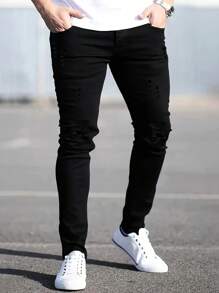 Teen Boy Solid Color Elastic Casual Jeans, Minimalist & Fashionable For Daily Wear