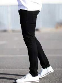Teen Boy Solid Color Elastic Casual Jeans, Minimalist & Fashionable For Daily Wear