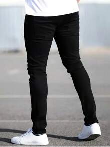 Teen Boy Solid Color Elastic Casual Jeans, Minimalist & Fashionable For Daily Wear