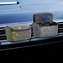 1pc Car Ashtray With Cover, Rhinestone Crystal Decor, Vehicle Air Vent Ashtray With Blue LED Light, Mini Car Trash Bin Smokeless Ashtray