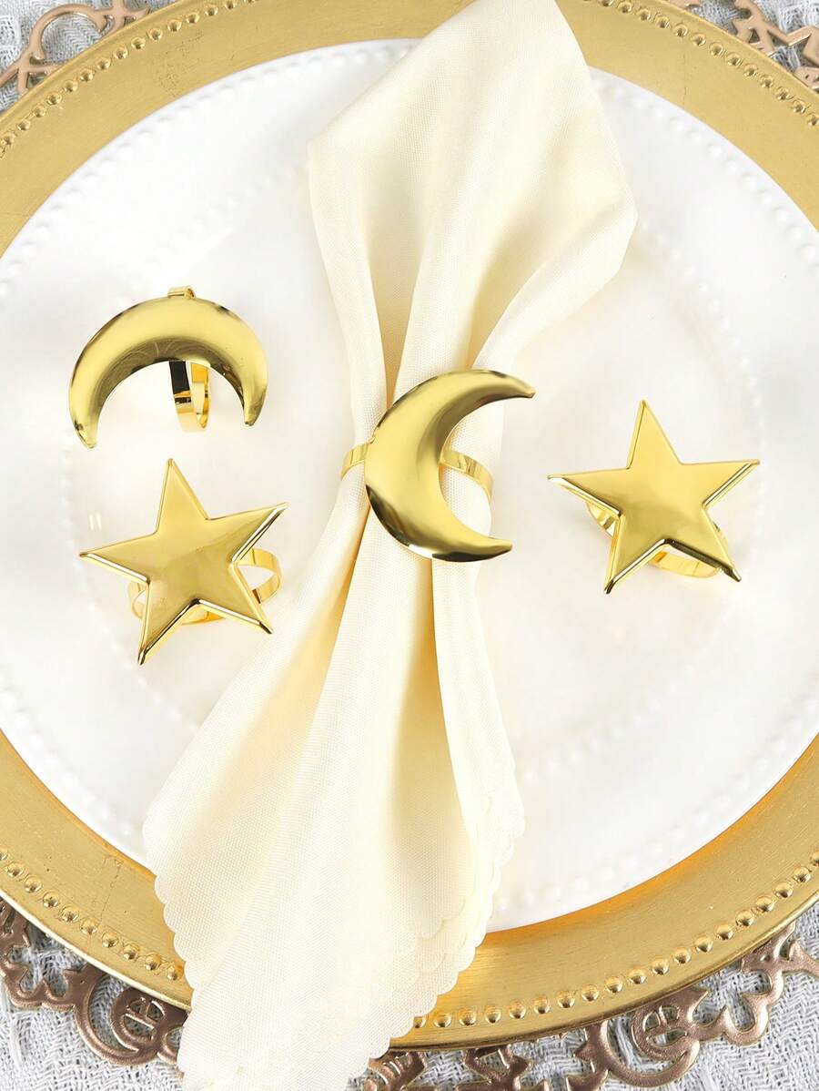 2/4/6 Stück, Stern Mond Servietten-Ring Kombinationsset, Al-Adha Servietten-Clips zum Dekorieren des Esstisches, goldener Mond Serviettenhalter
