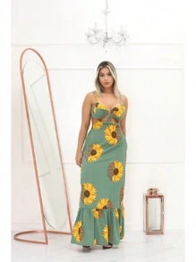 Women's Long Floral Dress With Adjustable Pads Summer - 綠色 - 查看 4