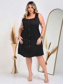 Plus Size Button Midi Dress - 純綠色 - 查看 3