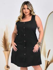 Plus Size Button Midi Dress - 純綠色 - 查看 2