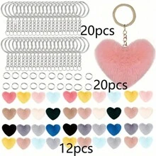 52 Stücke Herzförmiger Flauschiger Bommel Schlüsselanhänger Set, DIY Bastelset beinhaltet 12 Stücke Fellbälle, 20 Stücke Metallringe und 20 Stücke Schlüsselanhänger, ideal als Schlüsselanhänger für Frauen, Taschenanhänger, Valentinstag Geschenk, Autoaccessoires, Schule