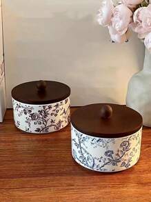 1 pieza Tarro de cerámica de estilo vintage para almacenamiento, joyero, recipiente para té/azúcar, tarro de cocina de cerámica con tapa de madera, recipiente de almacenamiento decorativo como regalo para mujeres y niñas