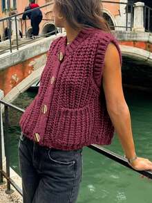 Women's Simple Button Decoration Thick Needle Sleeveless Round Neck Knitted Vest Tops - Burgundy - View 2