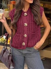 Women's Simple Button Decoration Thick Needle Sleeveless Round Neck Knitted Vest Tops - Burgundy - View 3