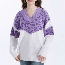 Women Cute Plus Size Sweaters Casual Leopard Print Comfy Warm Long Sleeve Pullover Basic Knitwear