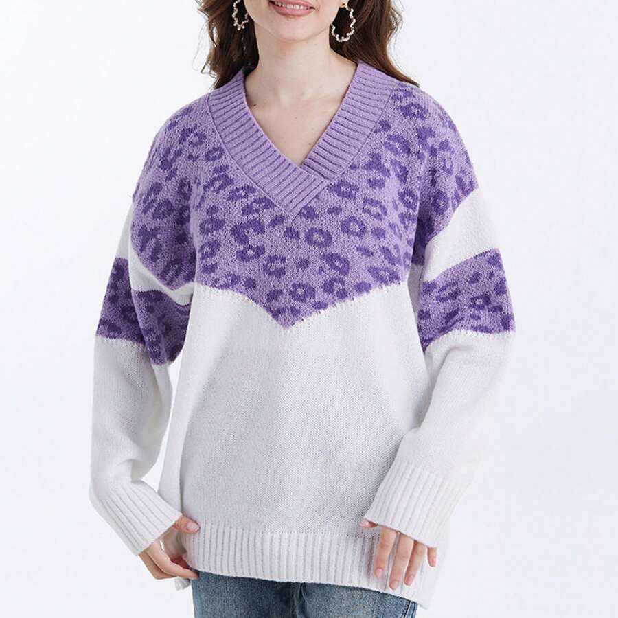 Women Cute Plus Size Sweaters Casual Leopard Print Comfy Warm Long Sleeve Pullover Basic Knitwear
