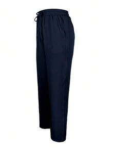 Navy Blue Slim Fit Casual Pants With Elastic Waistband, Drawstring, Pockets, Quality Fabric, Versatile For Spring/Summer - Navy Blue - View 2