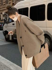 Cárdigan con bordado de letra de hombros caídos amplio - Caqui - Ver 3