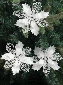 2pcs/6pcs/10pcs Glitter Christmas Poinsettia Flowers, Hollow Sparkly Ornaments For Christmas Tree, Wreath, Holiday Decor, Party Supplies,Christmas