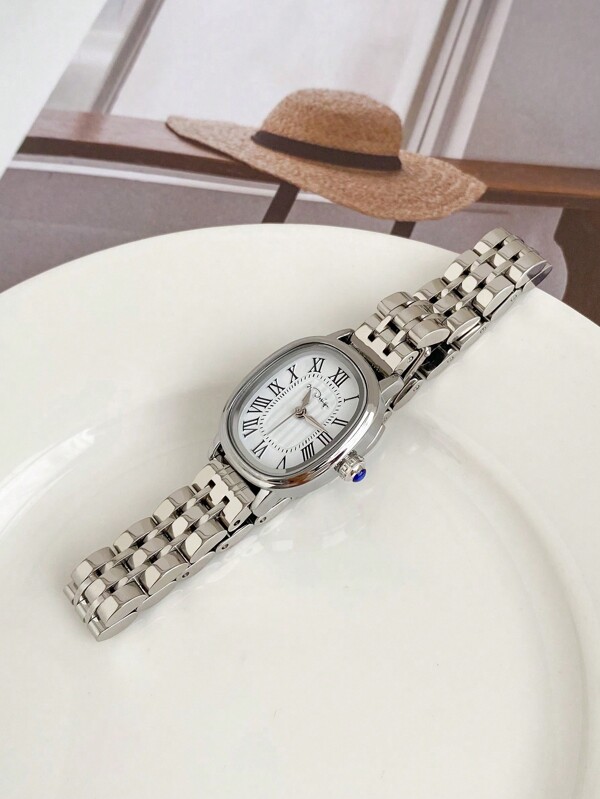 21design Silver Case Square Shell Roman Numeral & Solid Steel Band Quartz Watch
