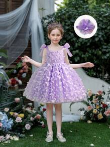 Vestido de fiesta informal de niña con decoración de lazo 3D, vestido de niña de las flores para boda, vestido sin mangas de unicolor - Morado - Ver 2
