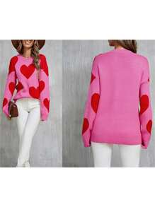 Women's Cute Heart Print Sweaters Long Sleeve Round Neck Loose Pullover Spring Fall Tops - Pink - View 6